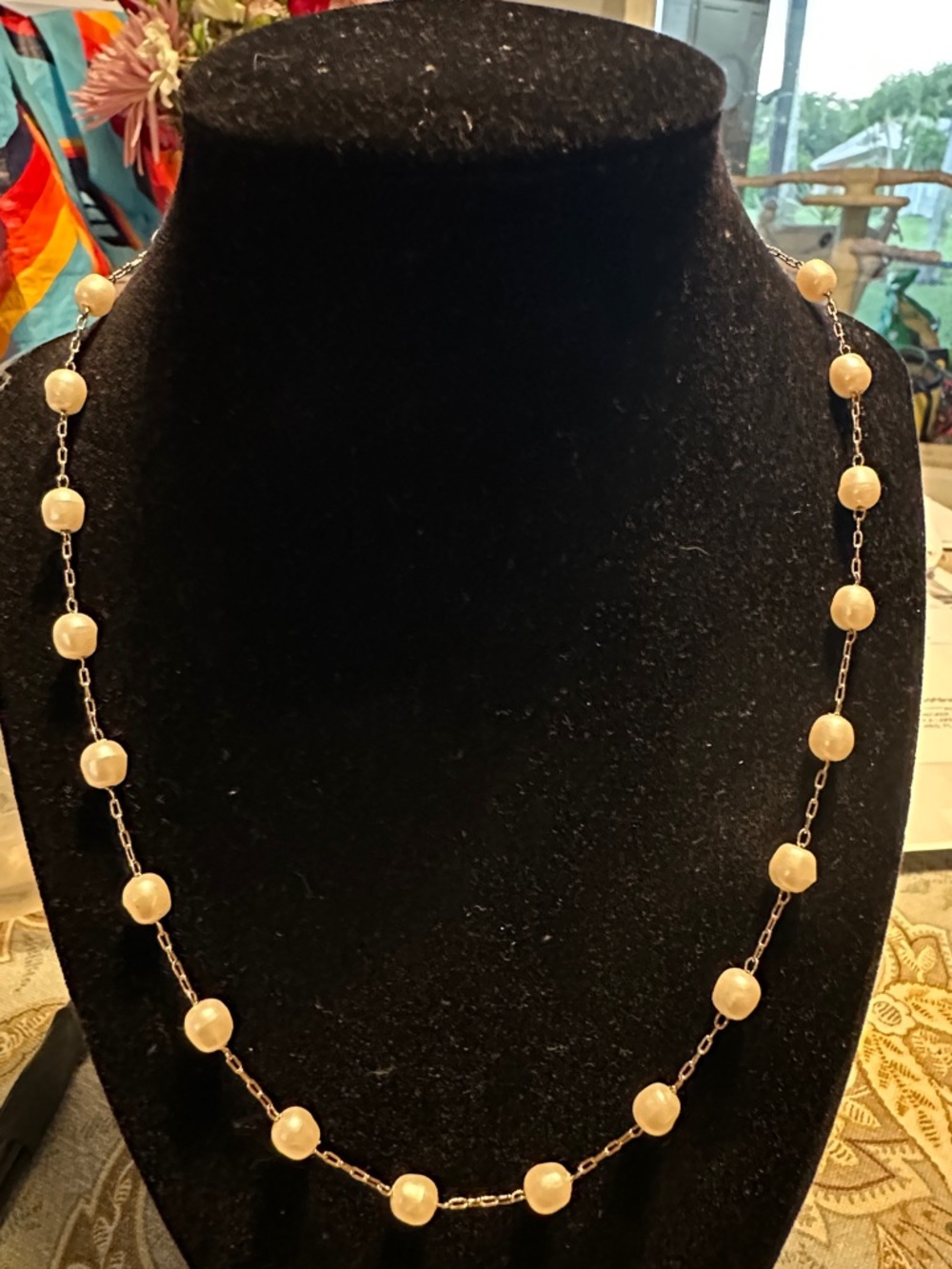 Source Unknown Cream Pearl Station Necklace on Silver Chain